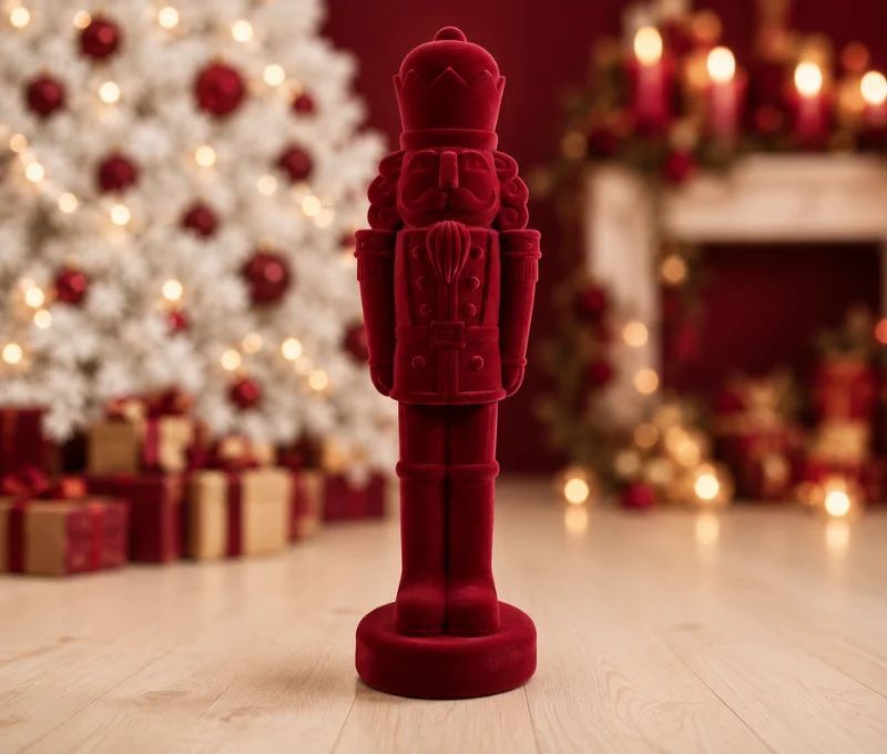 Très grande figurine casse-noisette floqué velours bordeaux monochrome relief sculpté couronne uniforme H80cm Noël