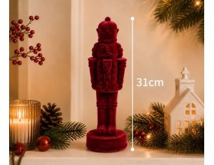 Figurine casse-noisette floqué velours bordeaux monochrome relief sculpté couronne uniforme H31cm Noël
