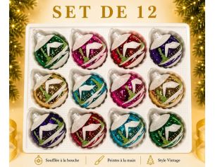 Coffret 12 boules de Noël verre soufflé peintes à la main motif maisons enneigées vert rose rouge mauve turquoise doré 6cm