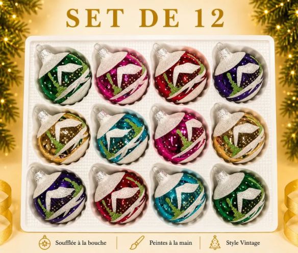 Coffret 12 boules de Noël verre soufflé peintes à la main motif maisons enneigées vert rose rouge mauve turquoise doré 6cm