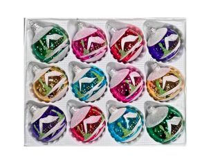 Coffret 12 boules de Noël verre soufflé peintes à la main motif maisons enneigées vert rose rouge mauve turquoise doré 6cm
