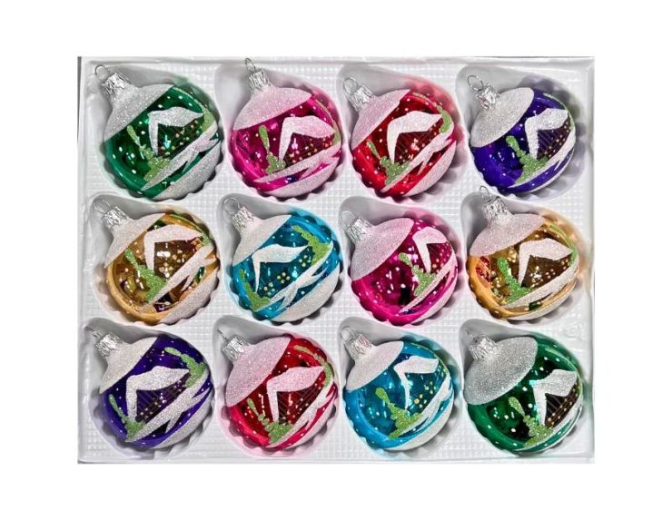Coffret 12 boules de Noël verre soufflé peintes à la main motif maisons enneigées vert rose rouge mauve turquoise doré 6cm