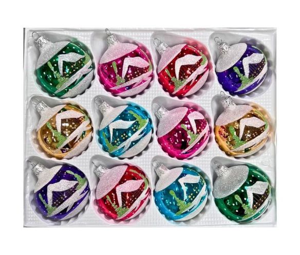 Coffret 12 boules de Noël verre soufflé peintes à la main motif maisons enneigées vert rose rouge mauve turquoise doré 6cm