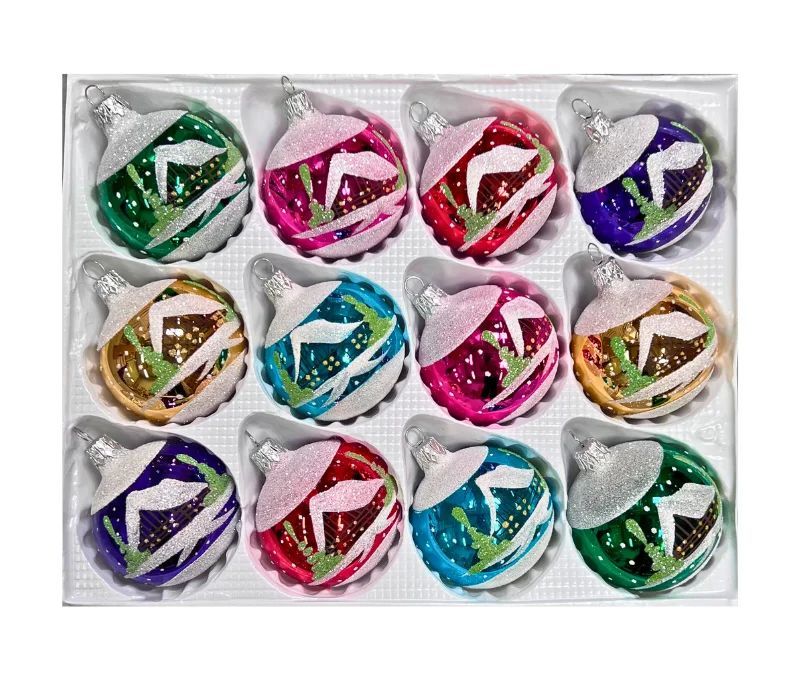 Coffret 12 boules de Noël verre soufflé peintes à la main motif maisons enneigées vert rose rouge mauve turquoise doré 6cm