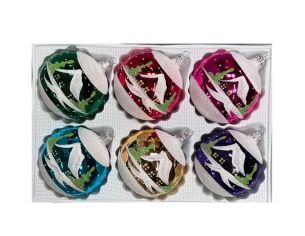 Coffret 6 boules de Noël en verre motif maisons enneigées vert rouge rose turquoise doré violet 8cm