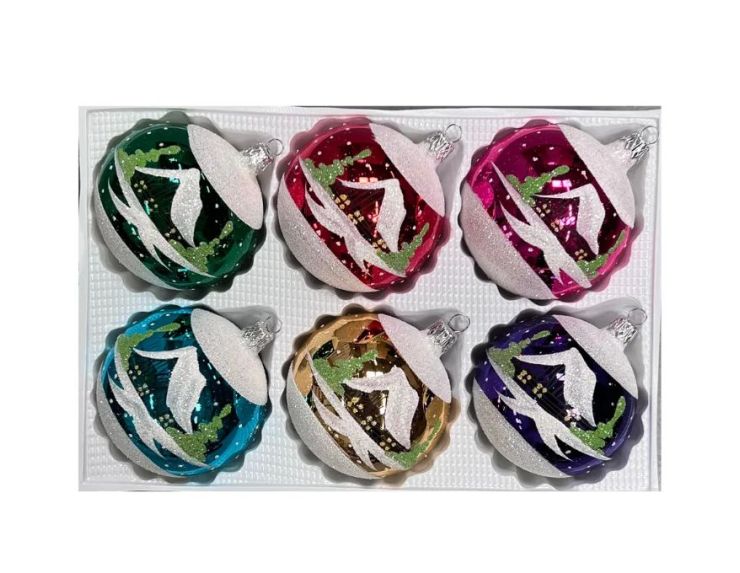 Coffret 6 boules de Noël en verre motif maisons enneigées vert rouge rose turquoise doré violet 8cm
