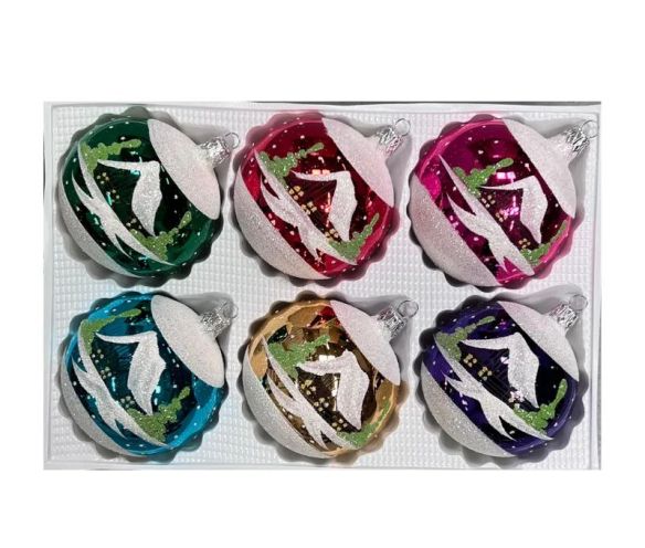 Coffret 6 boules de Noël en verre motif maisons enneigées vert rouge rose turquoise doré violet 8cm