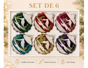 Coffret 6 boules de Noël en verre motif maisons enneigées vert rouge rose turquoise doré violet 8cm