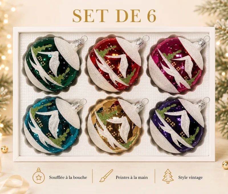 Coffret 6 boules de Noël en verre motif maisons enneigées vert rouge rose turquoise doré violet 8cm