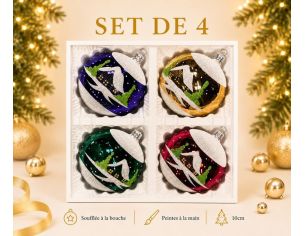 Coffret 4 boules de Noël en verre motif maisons enneigées violet doré vert rouge 10cm