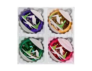 Coffret 4 boules de Noël en verre motif maisons enneigées violet doré vert rouge 10cm