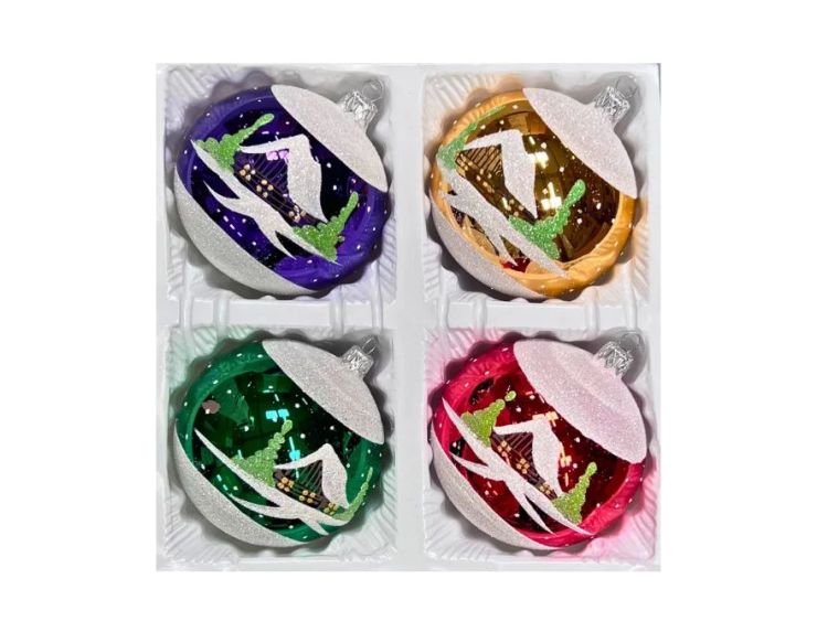 Coffret 4 boules de Noël en verre motif maisons enneigées violet doré vert rouge 10cm