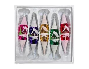 Coffret 5 gouttes de Noël en verre motif maisons enneigées rose violet doré vert rouge H10cm