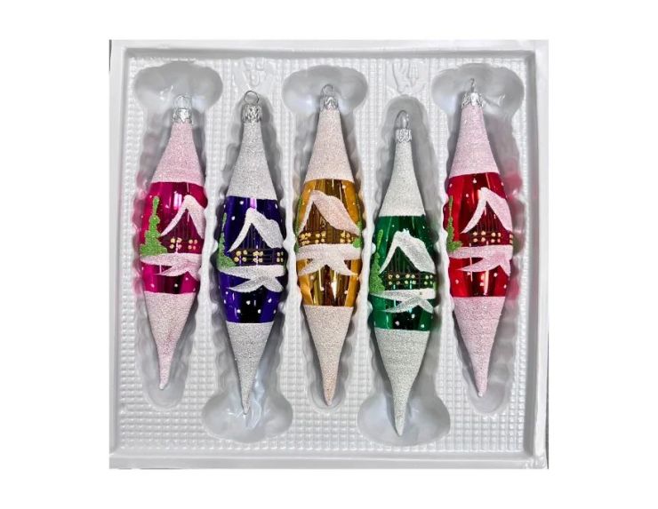 Coffret 5 gouttes de Noël en verre motif maisons enneigées rose violet doré vert rouge H10cm
