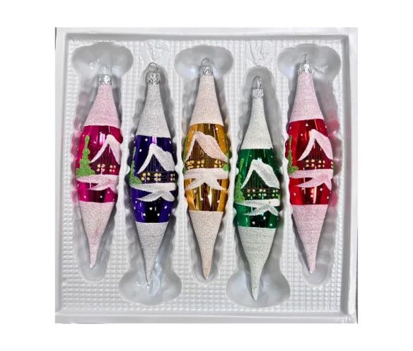 Coffret 5 gouttes de Noël en verre motif maisons enneigées rose violet doré vert rouge H10cm