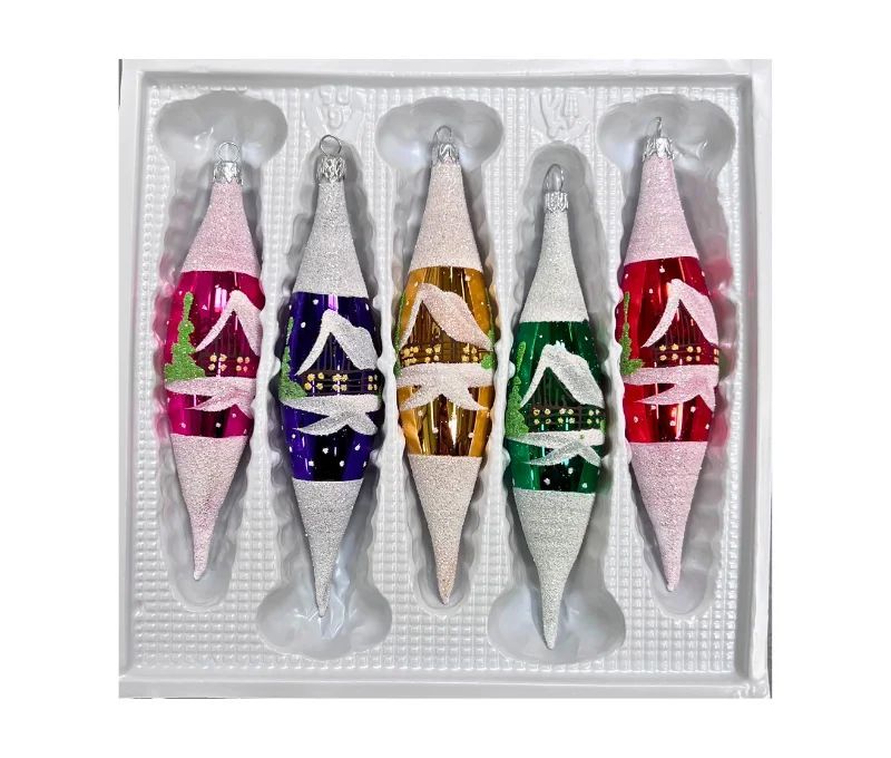 Coffret 5 gouttes de Noël en verre motif maisons enneigées rose violet doré vert rouge H10cm