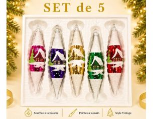 Coffret 5 gouttes de Noël en verre motif maisons enneigées rose violet doré vert rouge H10cm