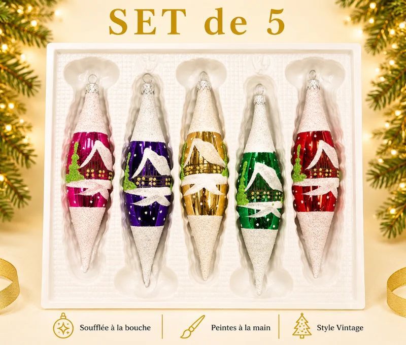 Coffret 5 gouttes de Noël en verre motif maisons enneigées rose violet doré vert rouge H10cm