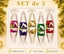 Voir la slide Coffret 5 gouttes de Noël en verre motif maisons enneigées rose violet doré vert rouge H10cm