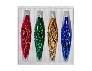 Coffret 4 gouttes de Noël en verre soufflé brillant motif vagues rouge vert doré bleu H10cm