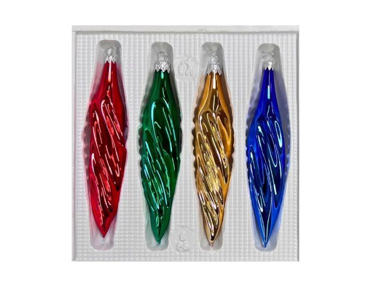 Coffret 4 gouttes de Noël en verre soufflé brillant motif vagues rouge vert doré bleu H10cm