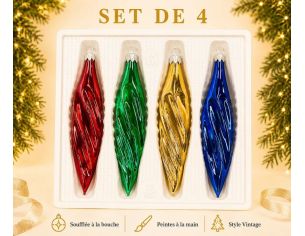 Coffret 4 gouttes de Noël en verre soufflé brillant motif vagues rouge vert doré bleu H10cm
