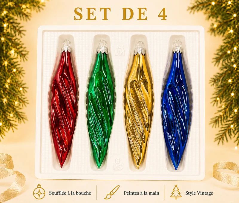 Coffret 4 gouttes de Noël en verre soufflé brillant motif vagues rouge vert doré bleu H10cm