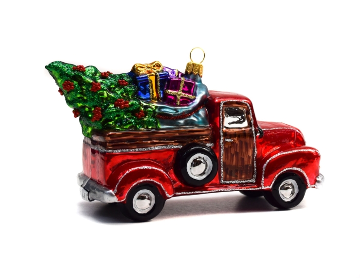 Suspension de Noël verre soufflé camion rouge avec sapin