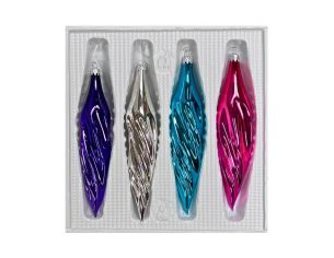 Coffret 4 gouttes de Noël en verre soufflé brillant motif vagues violet argenté turquoise fuchsia H10cm