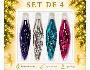 Coffret 4 gouttes de Noël en verre soufflé brillant motif vagues violet argenté turquoise fuchsia H10cm