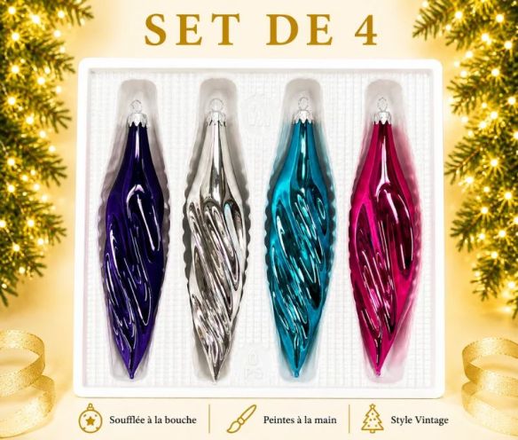 Coffret 4 gouttes de Noël en verre soufflé brillant motif vagues violet argenté turquoise fuchsia H10cm