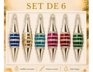 Coffret 6 gouttes de Noël en verre pointes argentées bandes pailletées bleu doré turquoise fuchsia rouge vert H10cm