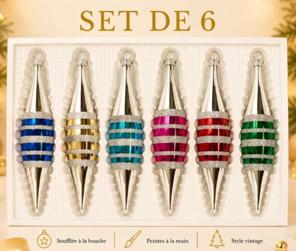 Coffret 6 gouttes de Noël en verre pointes argentées bandes pailletées bleu doré turquoise fuchsia rouge vert H10cm