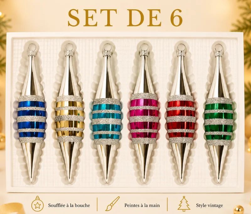 Coffret 6 gouttes de Noël en verre pointes argentées bandes pailletées bleu doré turquoise fuchsia rouge vert H10cm