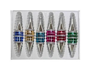 Coffret 6 gouttes de Noël en verre pointes argentées bandes pailletées bleu doré turquoise fuchsia rouge vert H10cm