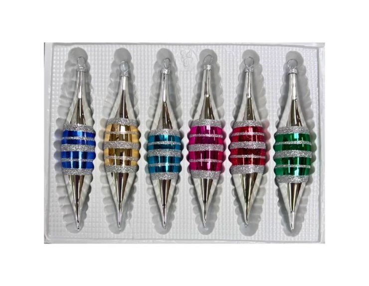 Coffret 6 gouttes de Noël en verre pointes argentées bandes pailletées bleu doré turquoise fuchsia rouge vert H10cm