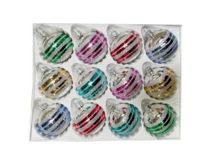 Coffret 12 boules de Noël en verre bandes pailletées argent vert rose rouge bleu doré turquoise Ø6cm