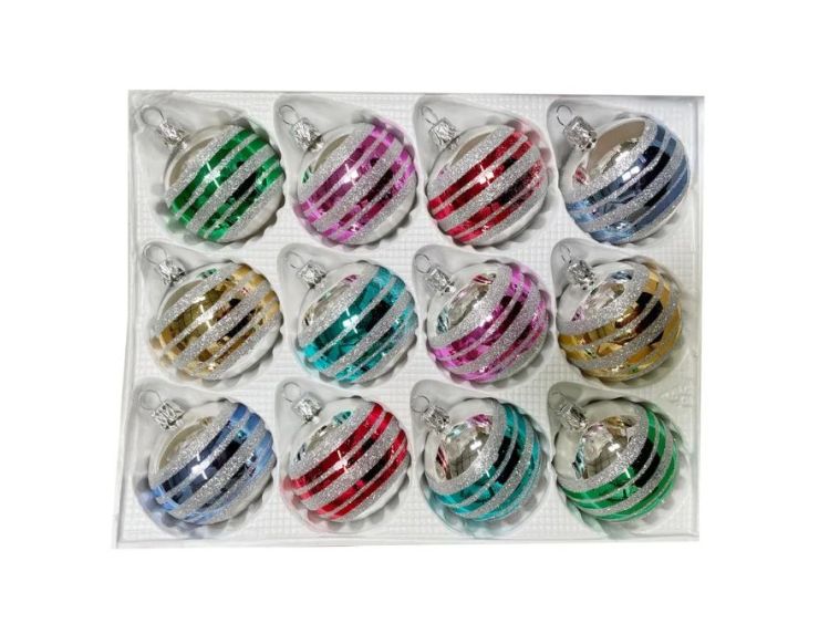Coffret 12 boules de Noël en verre bandes pailletées argent vert rose rouge bleu doré turquoise Ø6cm