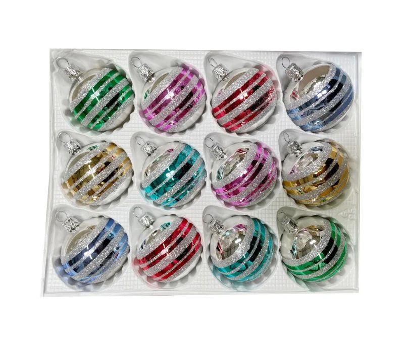 Coffret 12 boules de Noël en verre bandes pailletées argent vert rose rouge bleu doré turquoise Ø6cm