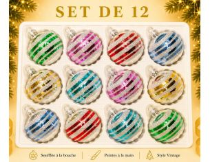 Coffret 12 boules de Noël en verre bandes pailletées argent vert rose rouge bleu doré turquoise Ø6cm