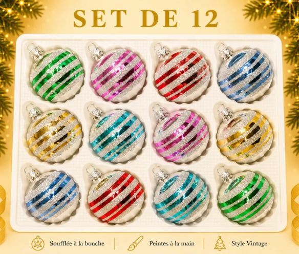 Coffret 12 boules de Noël en verre bandes pailletées argent vert rose rouge bleu doré turquoise Ø6cm