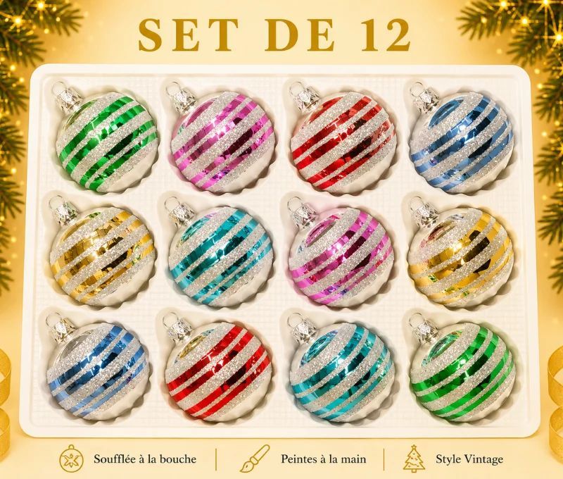Coffret 12 boules de Noël en verre bandes pailletées argent vert rose rouge bleu doré turquoise Ø6cm