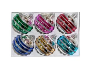 Coffret 6 boules de Noël en verre bandes pailletées argent vert rose rouge bleu doré turquoise Ø8cm