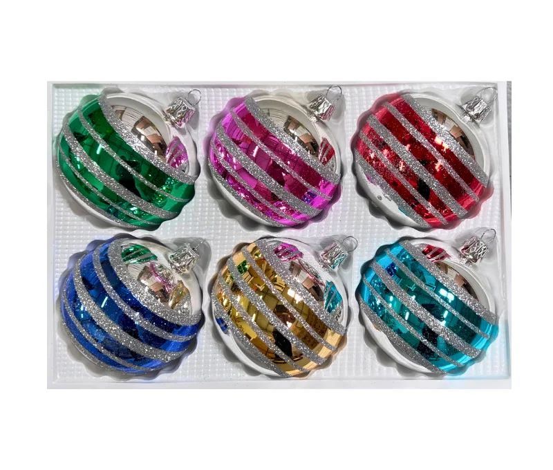 Coffret 6 boules de Noël en verre bandes pailletées argent vert rose rouge bleu doré turquoise Ø8cm