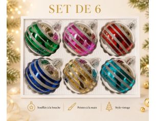 Coffret 6 boules de Noël en verre bandes pailletées argent vert rose rouge bleu doré turquoise Ø8cm