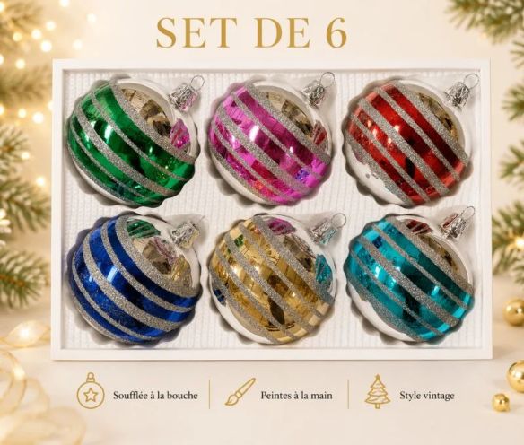 Coffret 6 boules de Noël en verre bandes pailletées argent vert rose rouge bleu doré turquoise Ø8cm