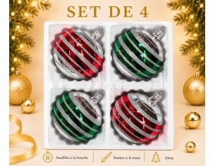 Coffret 4 boules de Noël en verre bandes pailletées argent rouge et vert Ø8cm