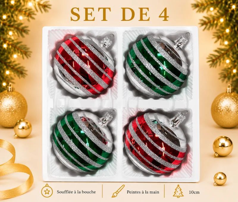 Coffret 4 boules de Noël en verre bandes pailletées argent rouge et vert Ø8cm