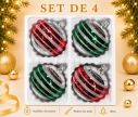 Voir la slide Coffret 4 boules de Noël en verre bandes pailletées argent rouge et vert Ø8cm