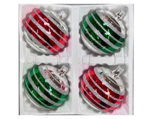 Coffret 4 boules de Noël en verre bandes pailletées argent rouge et vert Ø8cm
